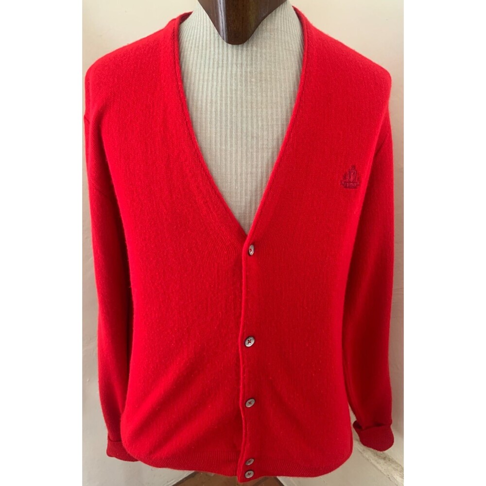 Vintage IZOD Men’s Cardigan Sweater Red Acrylic Button Front Made USA Size Lg